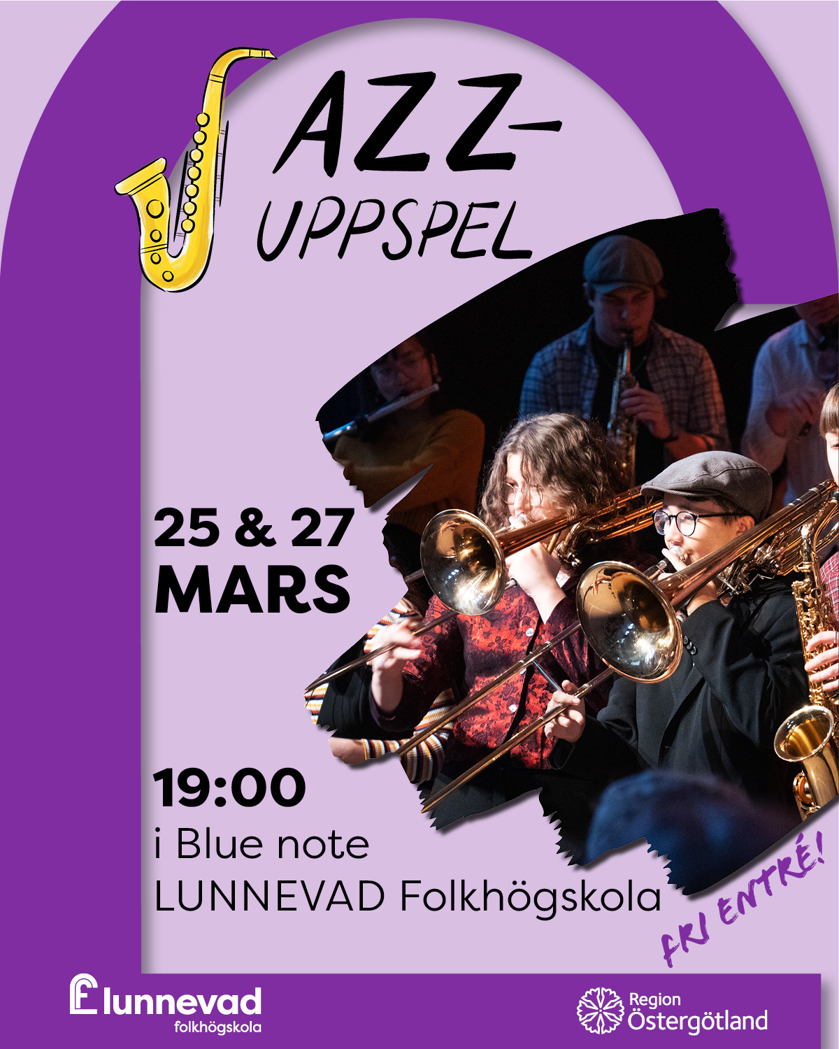 Jazzuppspel, bild med två stycken som spelar blåsinstrument.