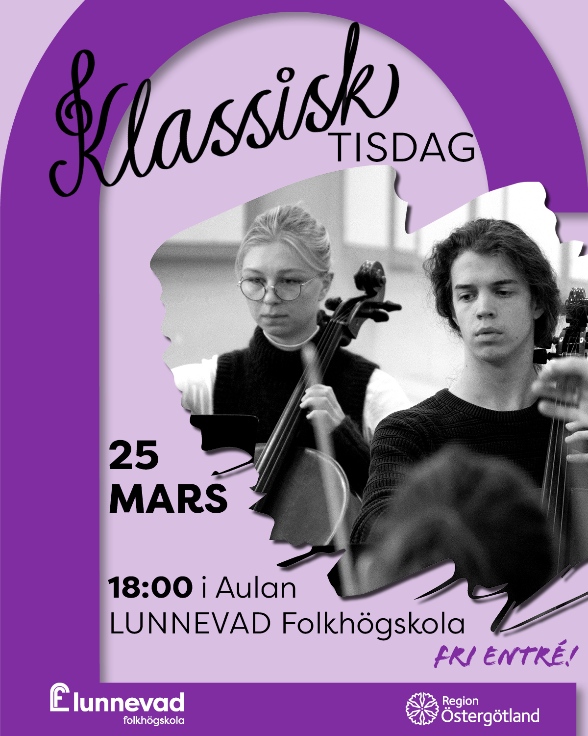 Affisch klassisk tisdag. Bild med två stycken som spelar stråkinstrument.