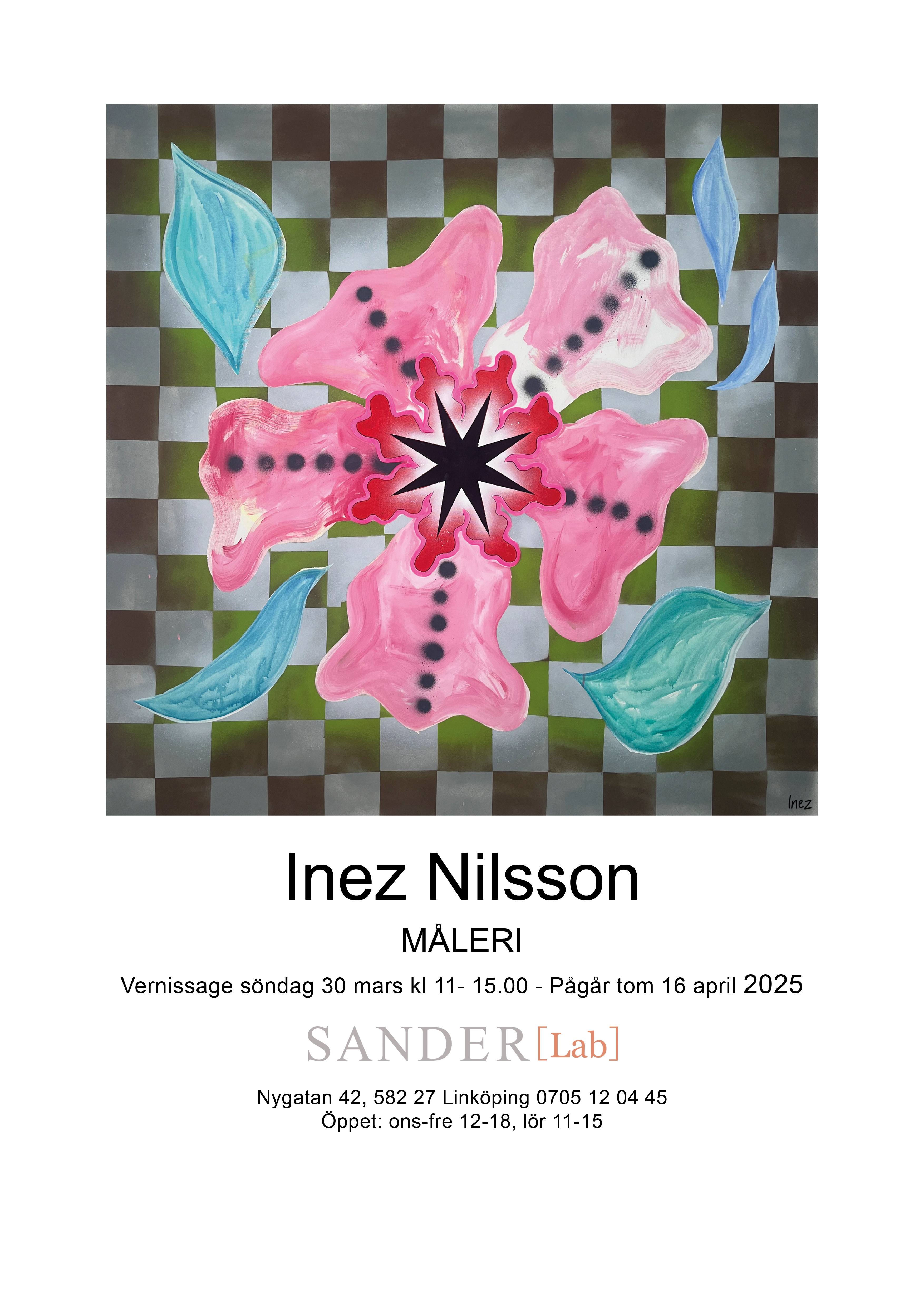 Uställningsaffisch. Bilden visar en abstrakt blomma.