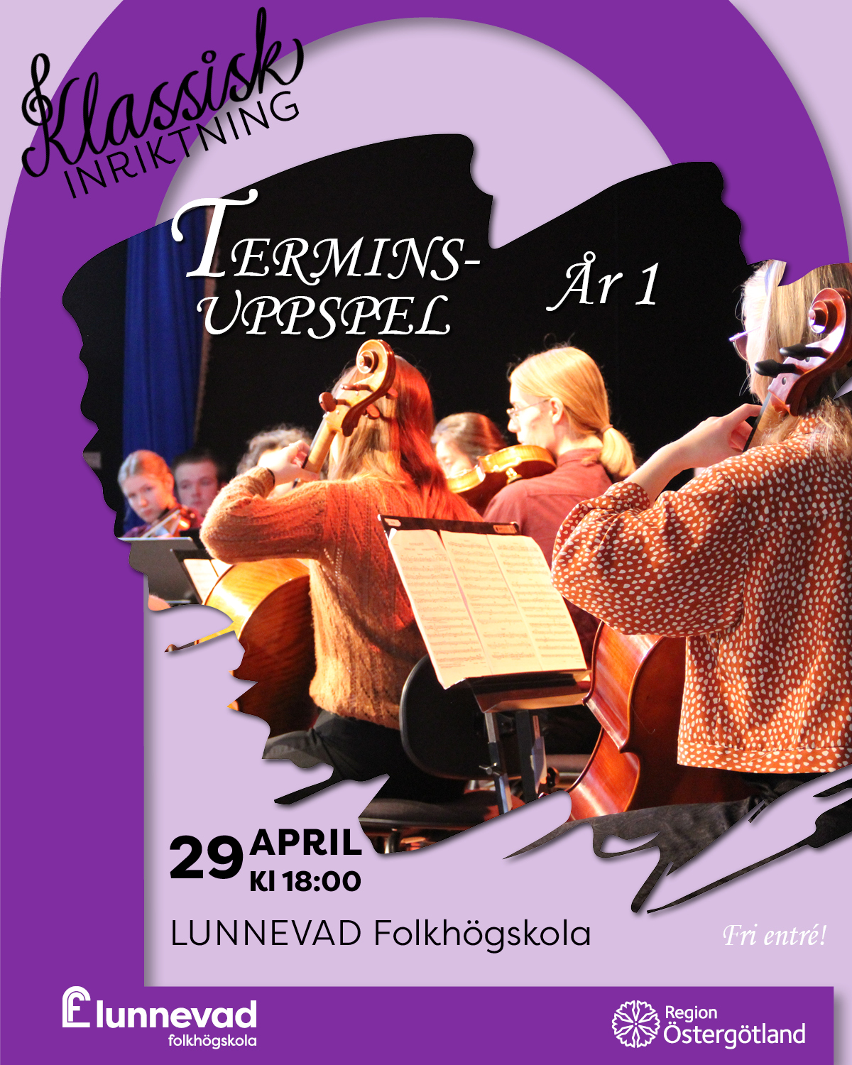 Affisch med bild på en grupp personer som spelar stråkinstrument.