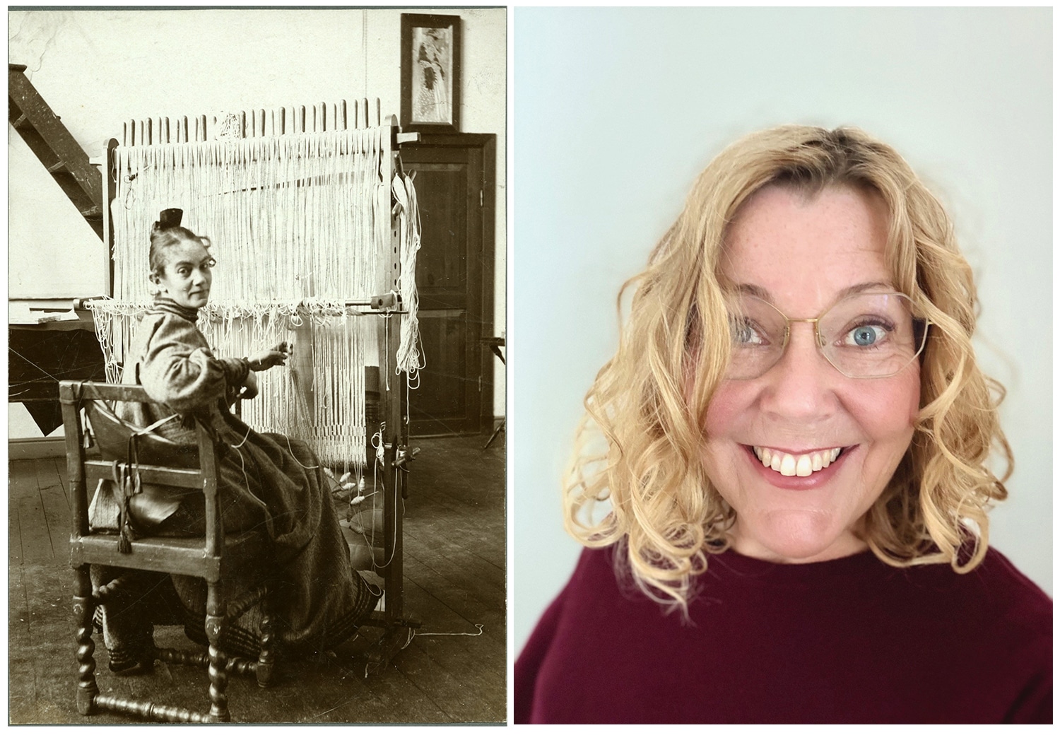 Bild till vänster, historisk bild med kvinna sitter vid vävstol. Bild till höger porträtt Ami Bergöö