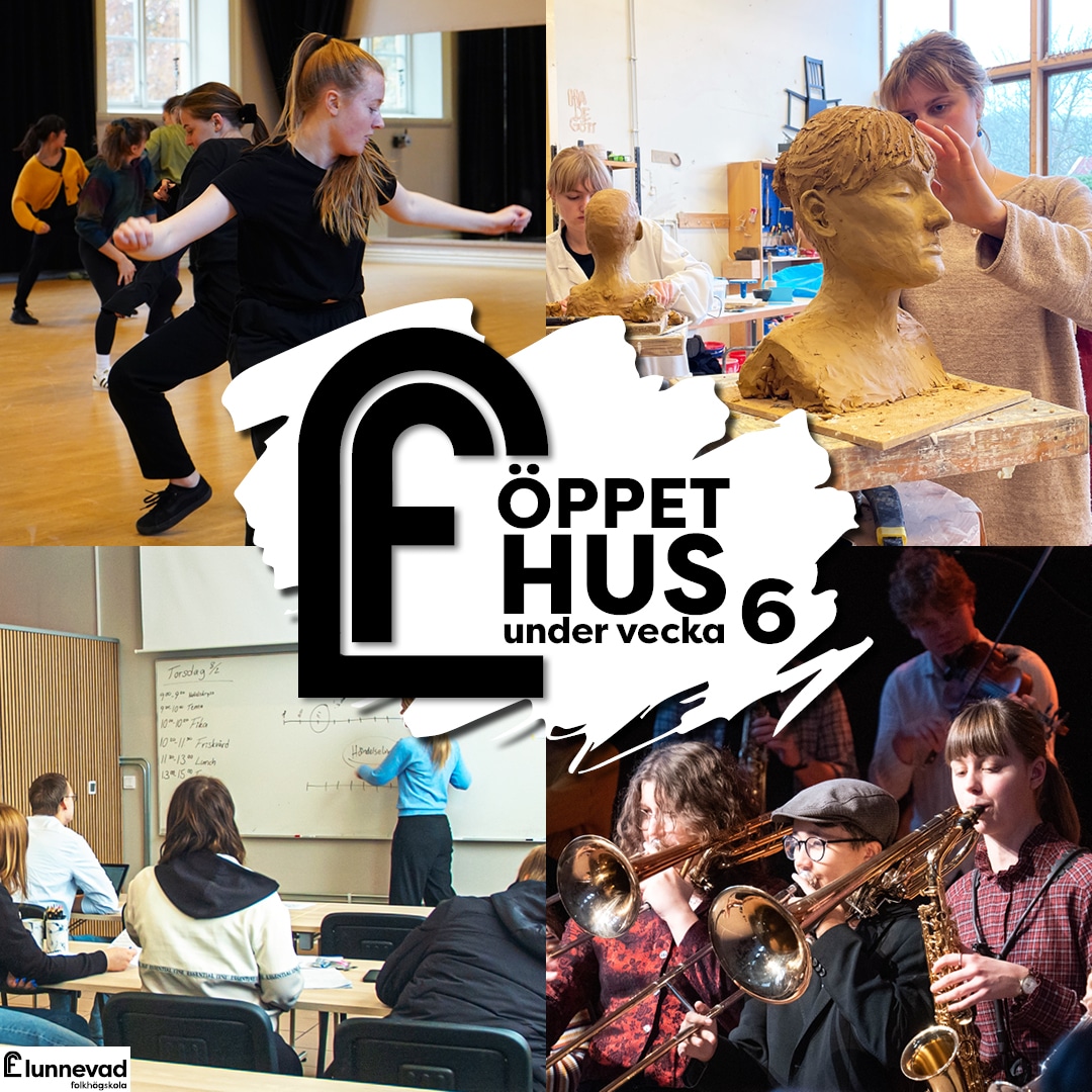 Bilden består av fyra mindre bilder. Bild längst upp till vänster visar två personer dansar i en danssal. Bild längst upp till höger visar två personer som arbetar med skulpturer av ansikten. Bild längst ned till vänster visar fyra personer inklusive lärare i lektionssal. Bilden längst ned till höger visar tre musiker som spelar blåsinstrument.